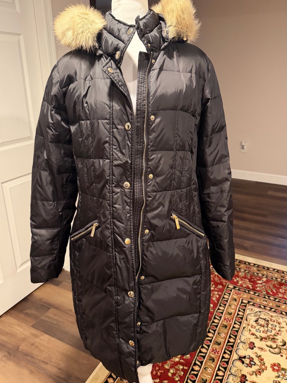 Michael Kors Black Puffer Coat with Faux-Fur Trim Hood